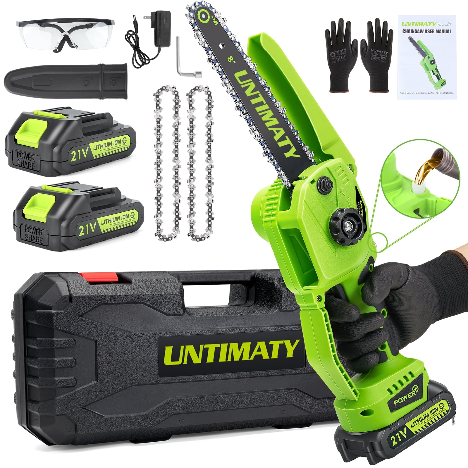 UNTIMATY Mini Chainsaw, 8inch Cordless Chainsaw, Brushless Electric Pruning Chain Saw with Oiler System, 2PCS Rechargeable Batteries 2 Chains for Pruning