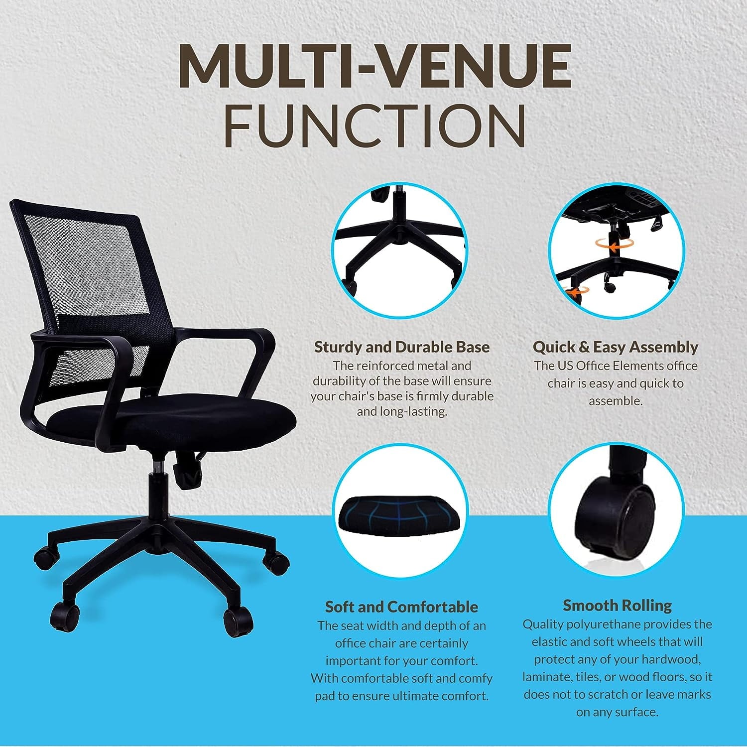 US Office Elements Mid Back Ergonomic Office Chair with Rectangular Lumbar Support, Mesh Desk Chair with Arms and Wheels, Adjustable Chair for Home and Office, Black