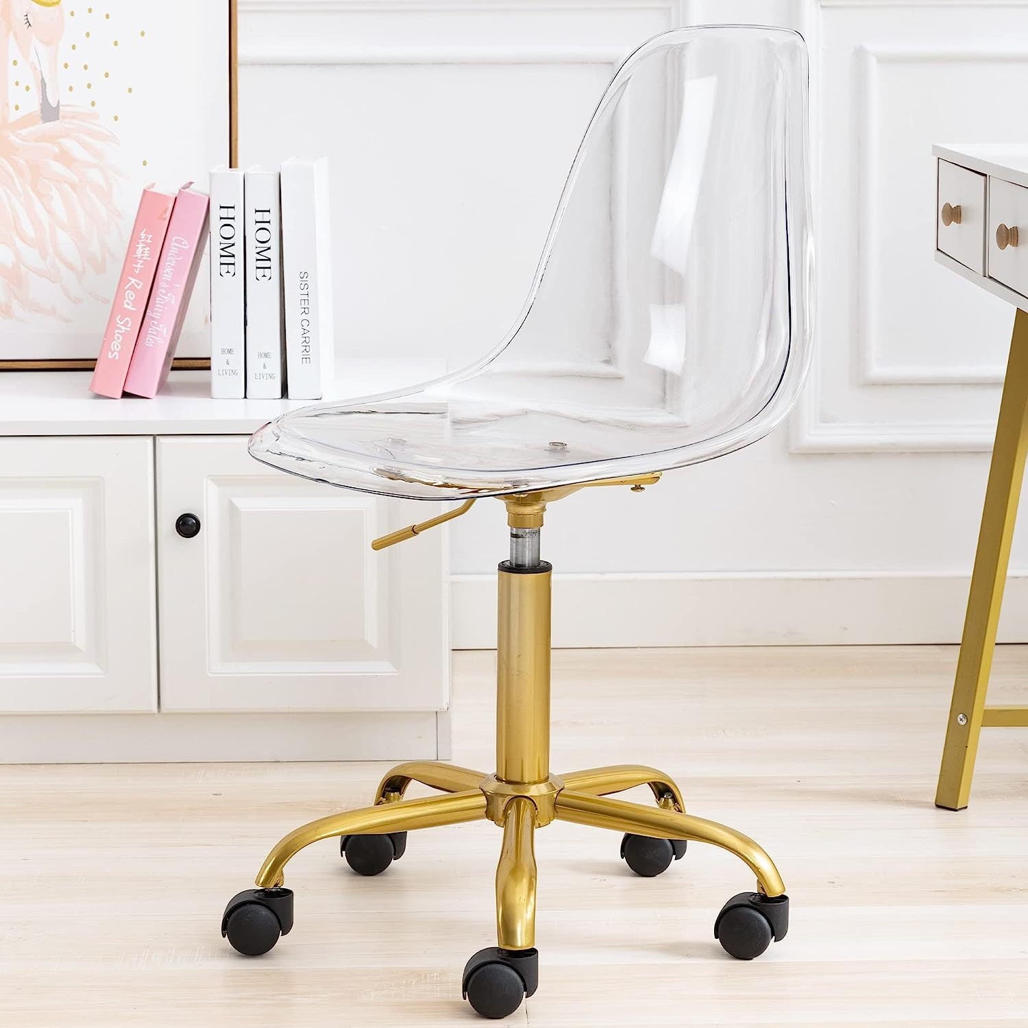 UlaREYoy Clear Rolling Chair, Armless Desk Chair with Golden Feet Swivel Molded Plastic Shell Chair Adjustable Home Office Chair with Wheels, Clear