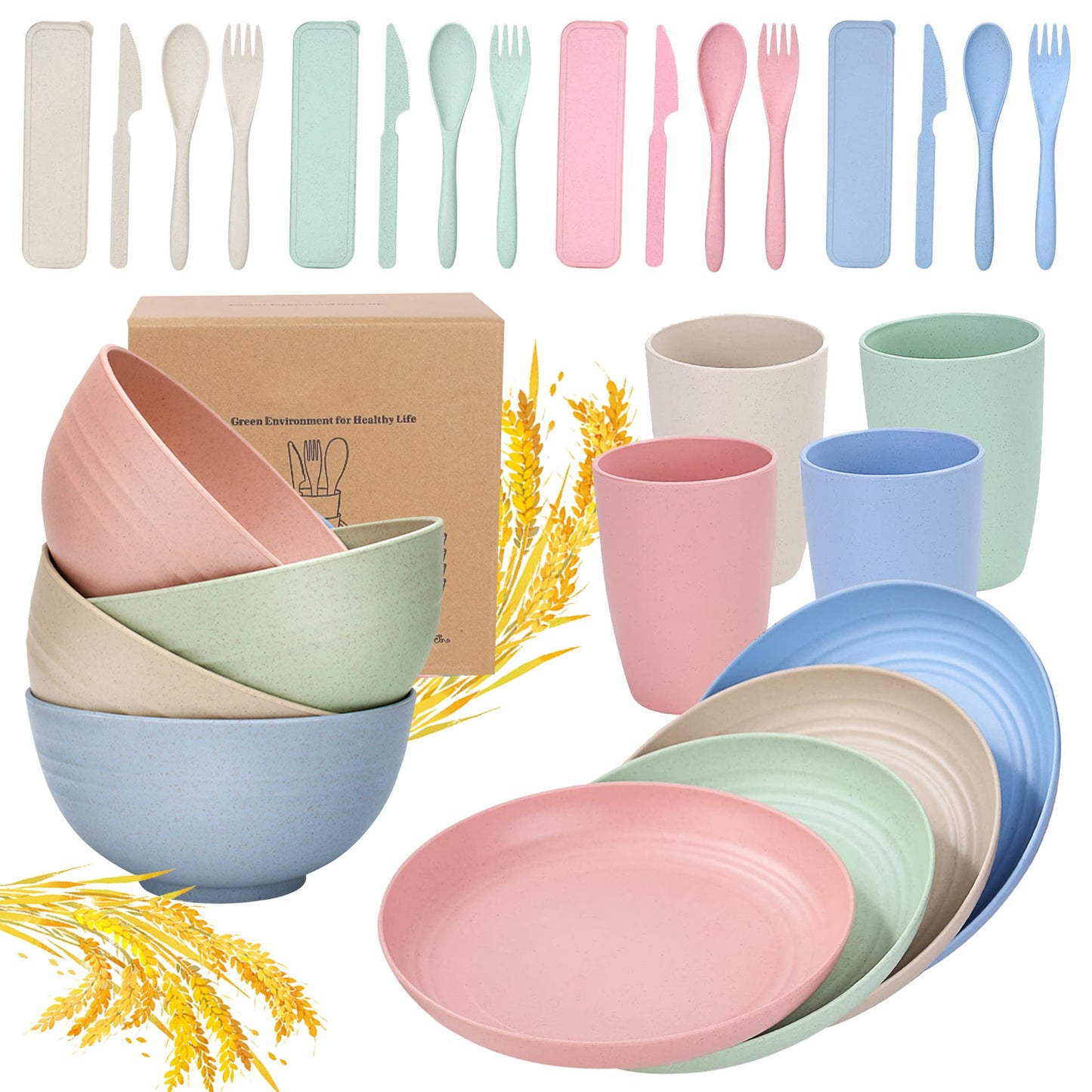 Unbreakable Wheat Straw Dinnerware Sets,BUSATIA 28 PCS Microwave Unbreakable Plates and Bowls Sets,Reusable Lightweight Tableware Dinner Dishes,Cereal Bowls,Cups, Plastic Dishes for Camping,Kitch,RV