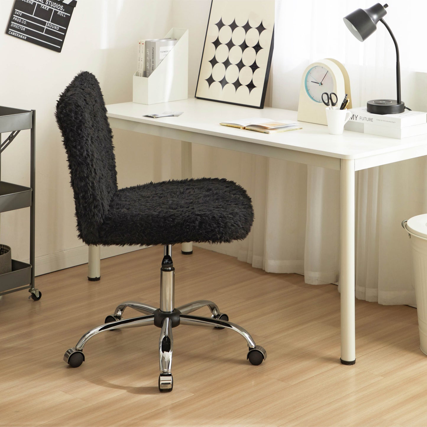 Urban Shop Polyester Faux Fur Armless Swivel Task Office Chair, Black, Adjustable Height, Mid Back