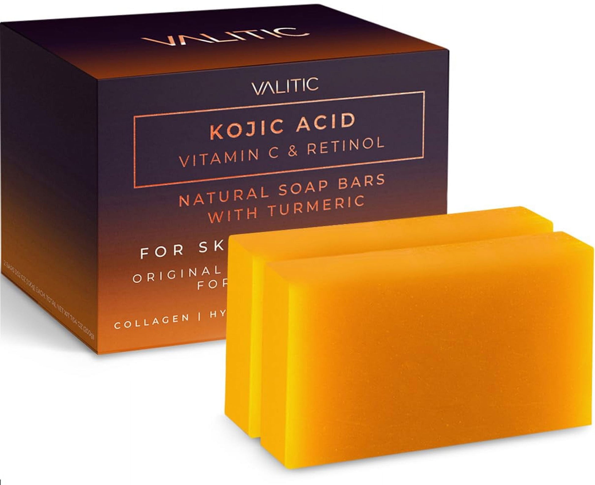 VALITIC Kojic Acid Vitamin C and Retinol Soap Bars with Turmeric for Dark Spot - Original Japanese Complex Infused with Collagen, Hyaluronic Acid, and Vitamin E (2 Pack)