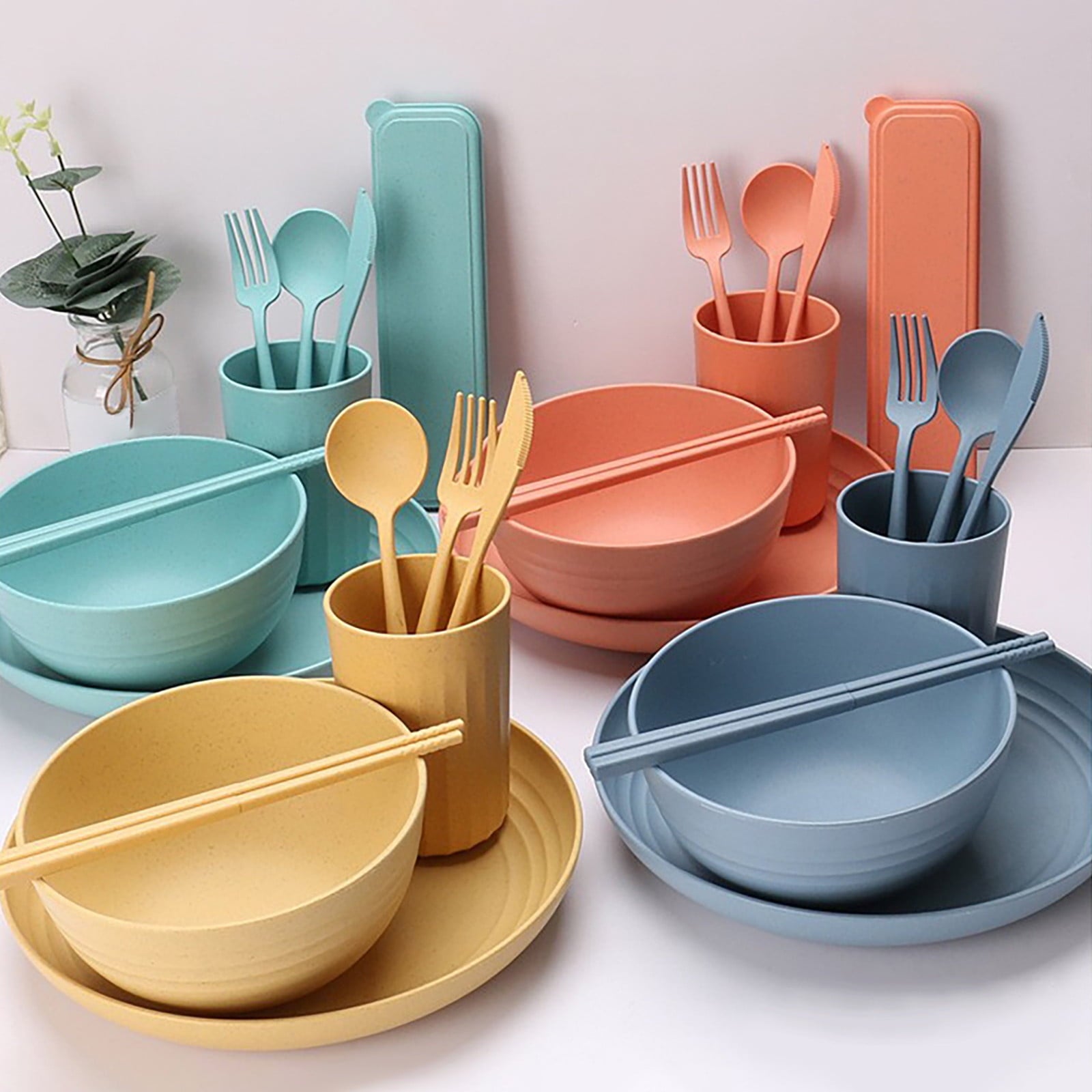 VBVC Whea-T Straw Dinnerware Sets for 4 (32Pcs),Whea-T Straw Dinnerware Sets,Microwave Dishwasher Safe Tableware Lightweight Bowls,Cups,Plates Set Reusable Dinner