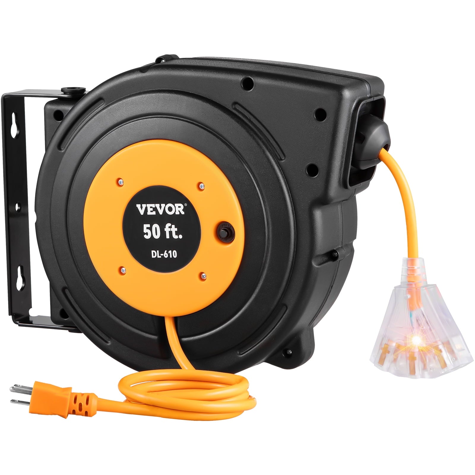 VEVOR Retractable Extension Cord Reel, 50 ft, Heavy Duty 14AWG/3C SJTOW Power Cord, with Lighted Triple Tap Outlet, 13 Amp Circuit Breaker, 180° Swivel Bracket for Ceiling or Wall Mount