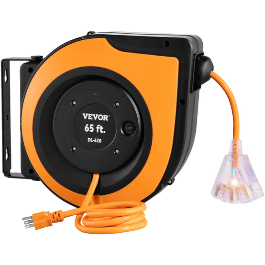 VEVOR Retractable Extension Cord Reel, 65 ft, Heavy Duty 12AWG/3C SJTOW Power Cord, with Lighted Triple Tap Outlet, 15 Amp Circuit Breaker, 180° Swivel Bracket for Ceiling or Wall Mount