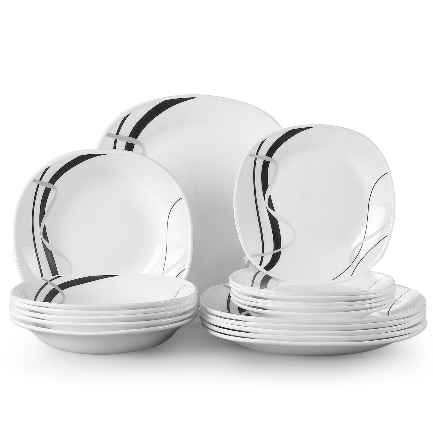 VEWEET, Series FIONAGLAS, 18-Piece Opal Glassware Dinnerware Sets, Ivory White Dinner Set, Service for 6