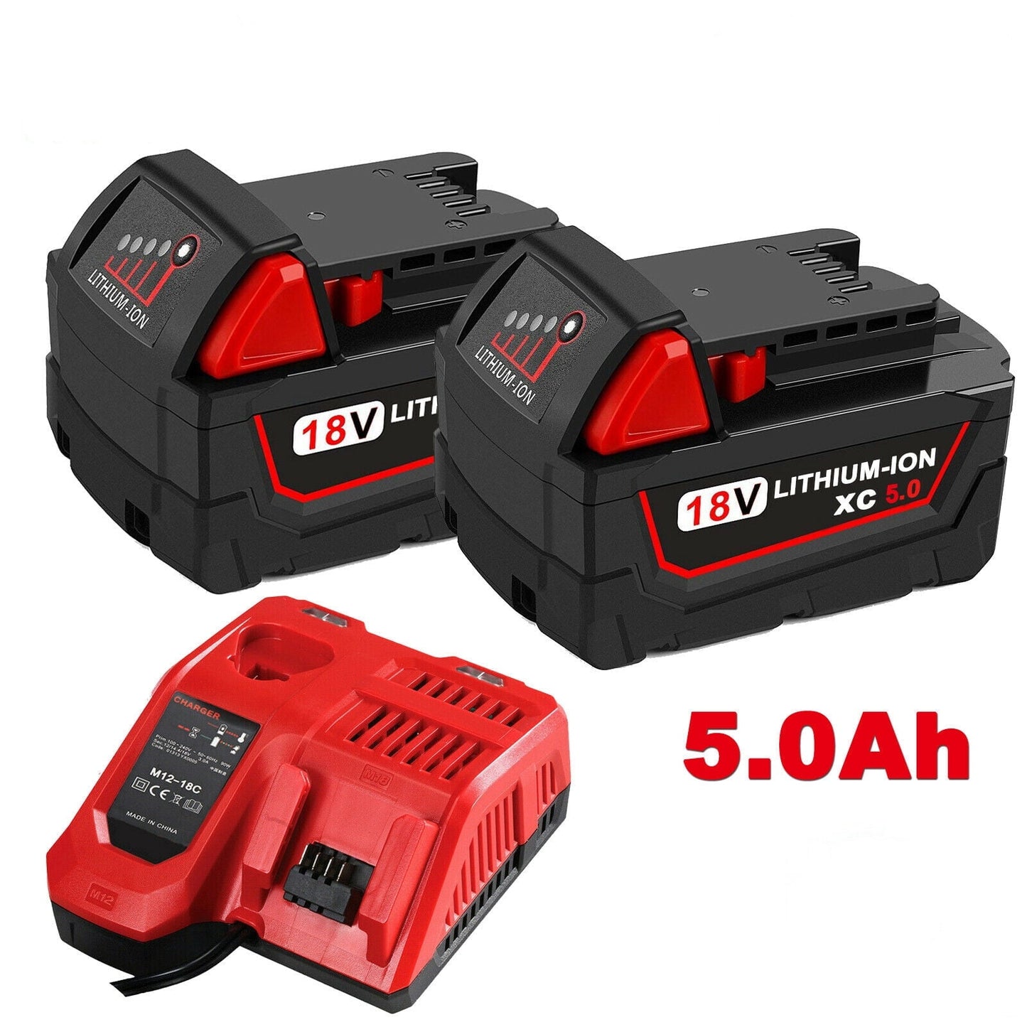 2Pack For Milwaukee M18 XC 5.0 AH Extended Lithium-ion Battery 48-11-1850 and Fast Charger