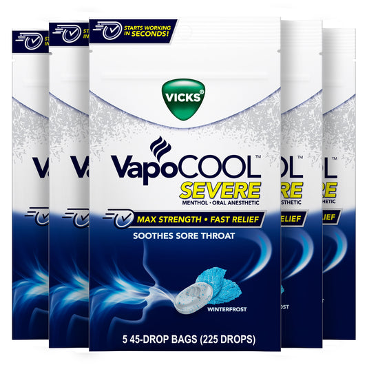 VapoCOOL SEVERE Medicated Drops 225ct (5 Packs of 45), Maximum-Strength Relief to Soothe Sore Throat Pain