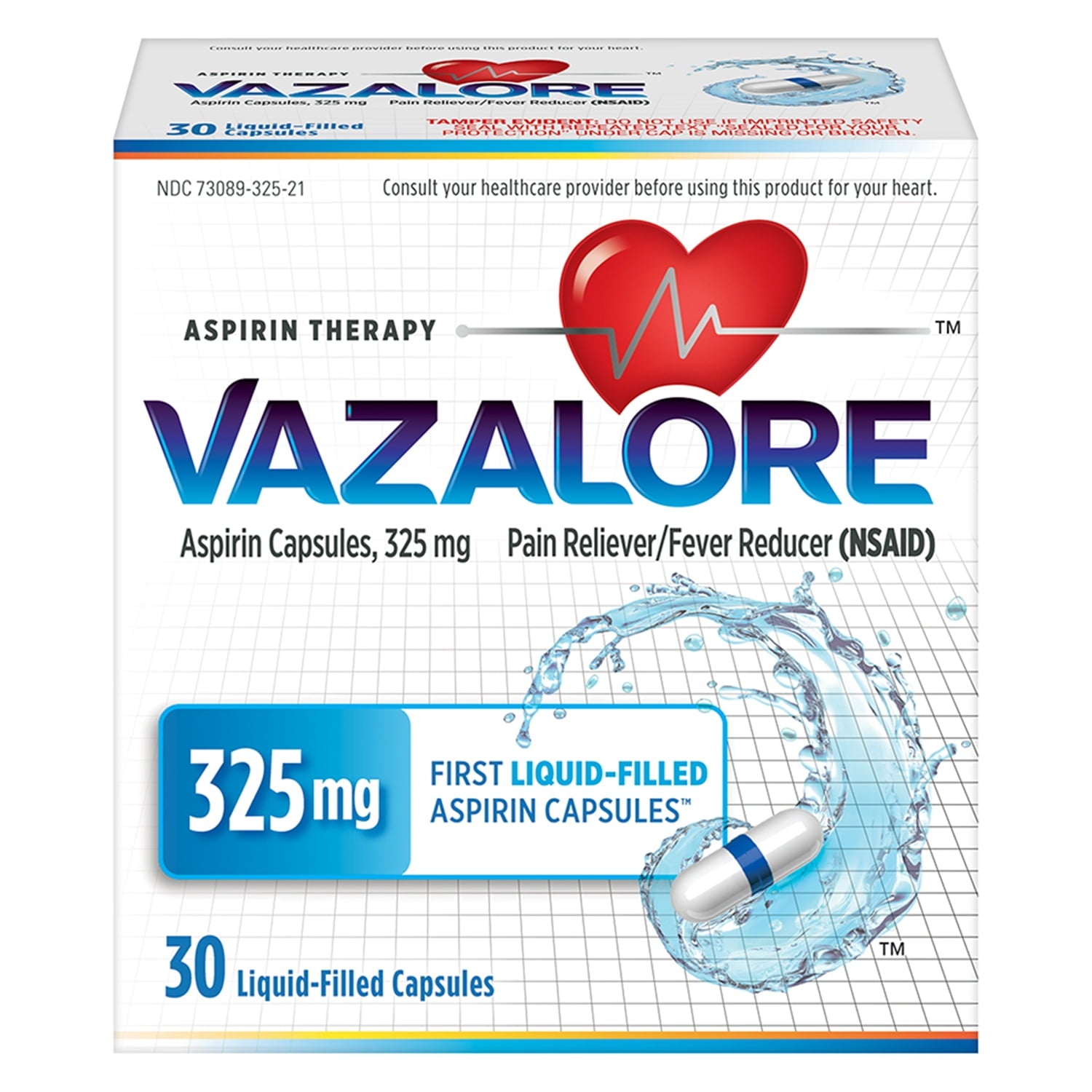 Vazalore Aspirin 325mg Adult Aspirin, Fast Pain Relief & Fever Reducer, Liquid-Filled Capsules, 30ct