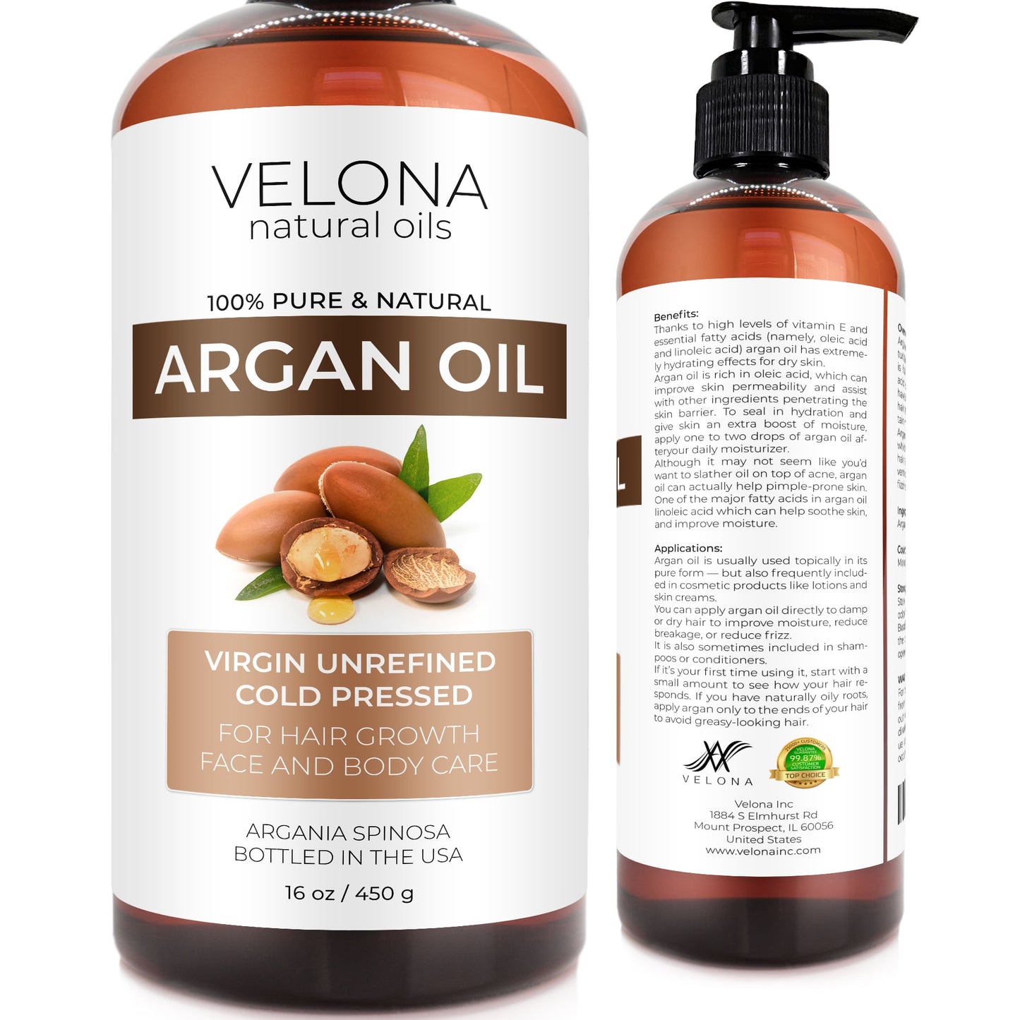 Velona Argan Oil - 16 oz | 100% Pure & Natural | Morocco Oil | Stimulate Hair Growth, Skin, Body and Face Care | Nails Protector | Ununrefined, Cold Pressed | Cap Kit