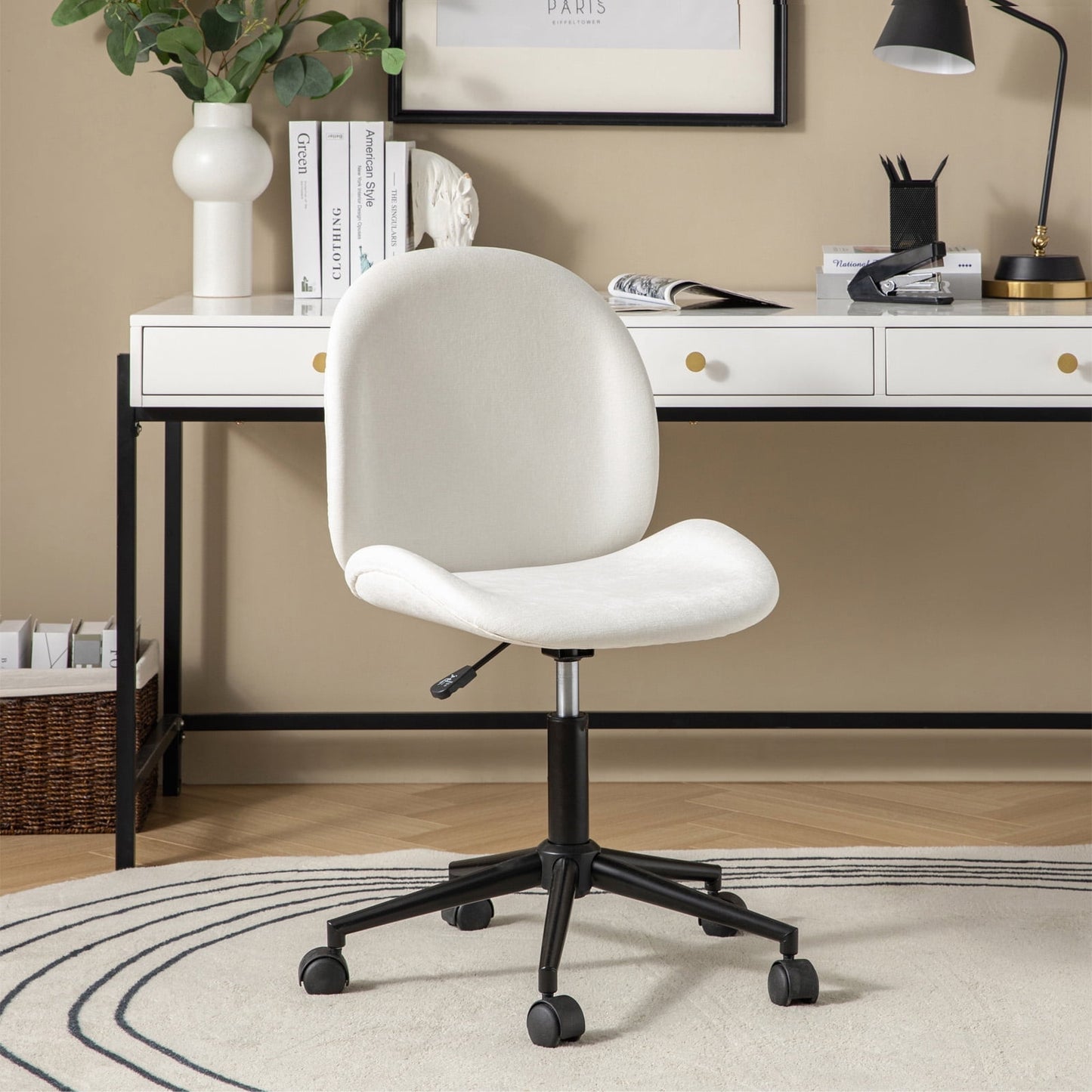 Modern Armless Home Office Chair Swivel Rolling Desk Vanity Chair for Makeup, Beige