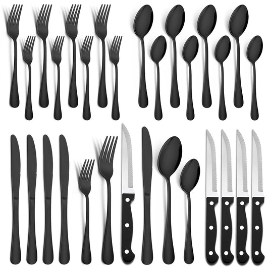 Vesteel 24 Pieces Black Silverware Set with Steak Knives, Stainless Steel Flatware Cutlery Set Service for 4