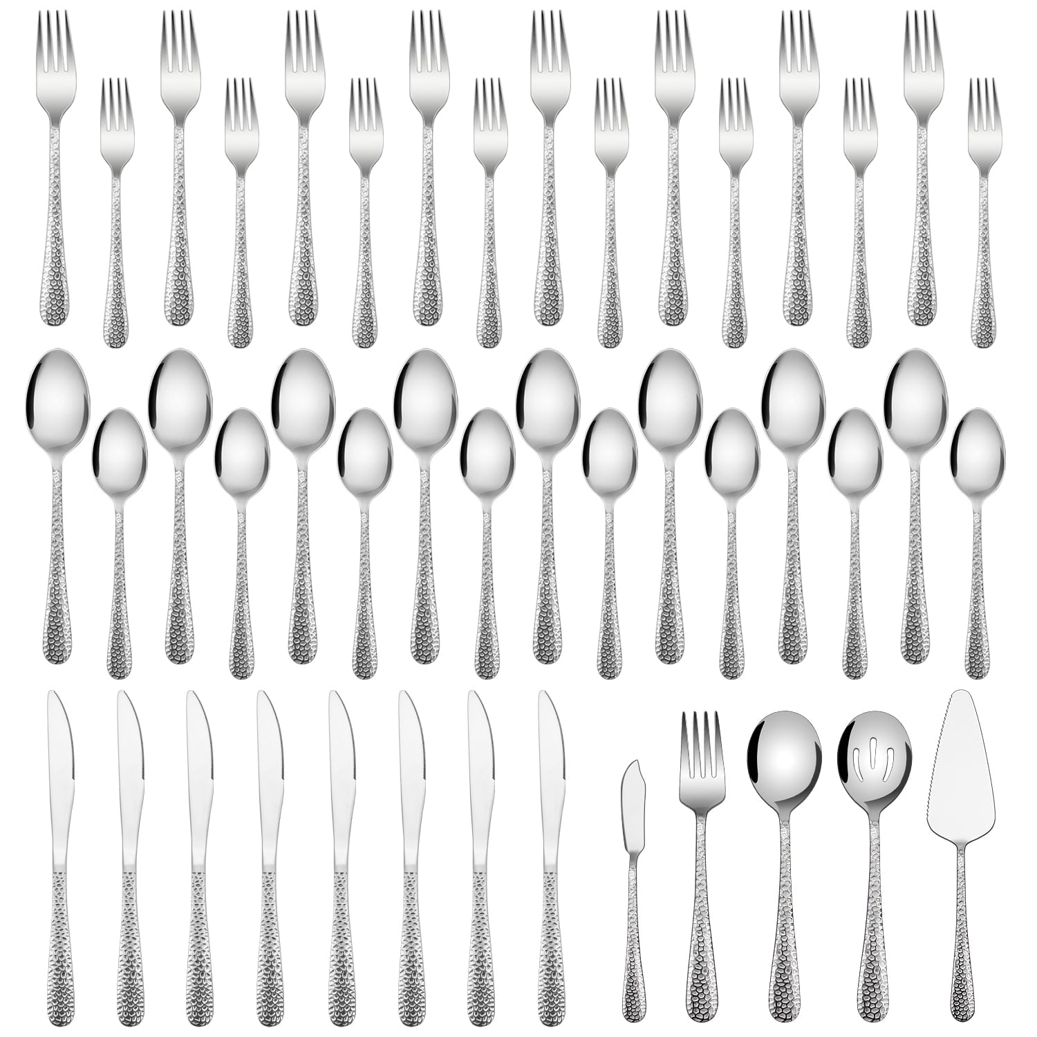 Vesteel 45-Piece Silverware Set with Serving Utensils, Stainless Steel Hammered Flatware Cutlery Set for 8 Include Forks Knives Spoons, Heavy Duty & Mirror Polished