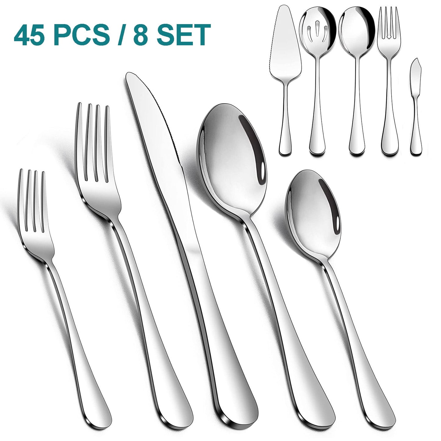 Vesteel 45 Pieces Silverware Set with Serving Utensils, Stainless Steel Modern Flatware Cutlery Set for 8, Eating Utensils Tableware Include Forks Knives Spoons, Mirror Polished & Dishwasher Safe