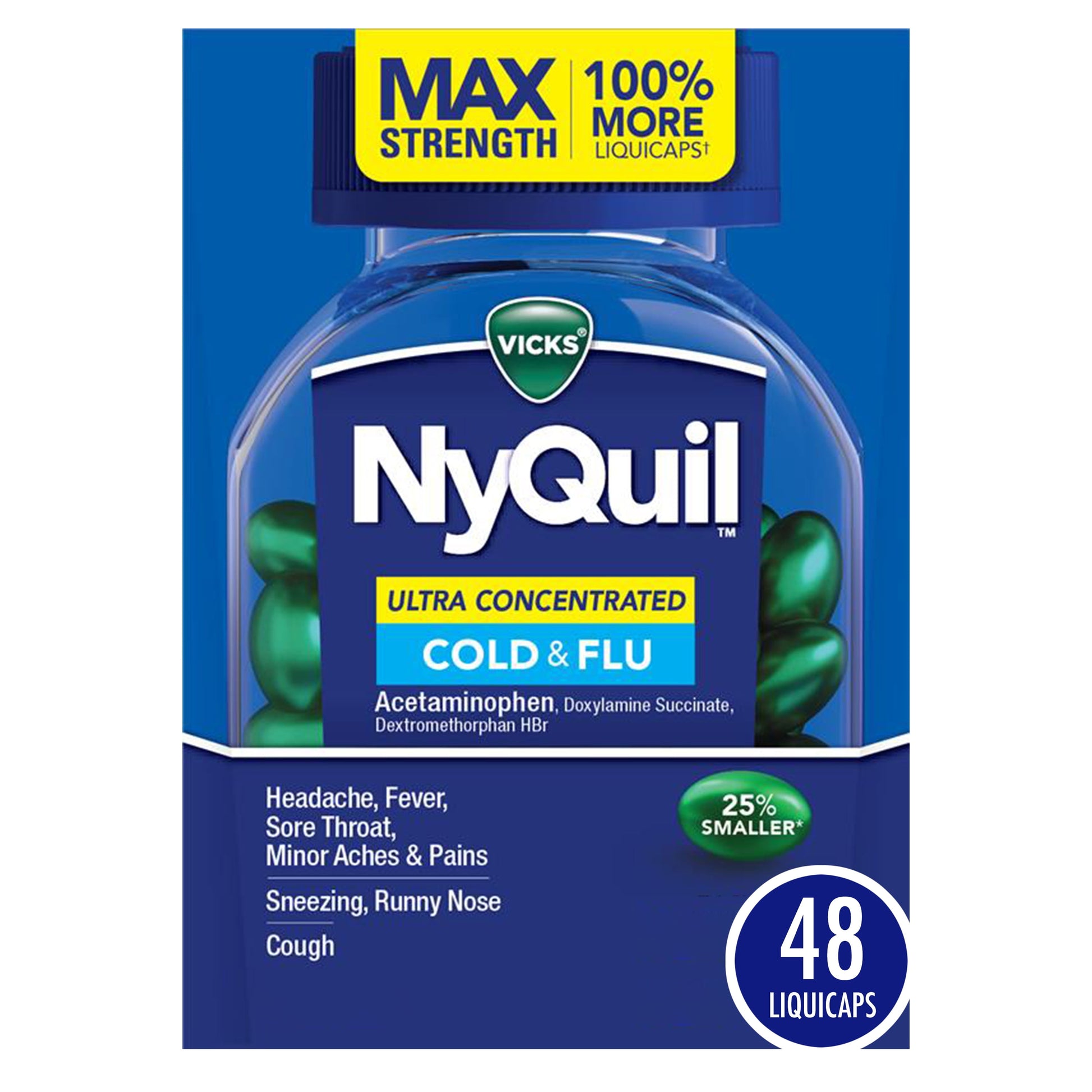 Vicks NyQuil Ultra Concentrated Liquicaps, over-the-Counter Medicine for Cold, Cough & Flu, 48 Ct