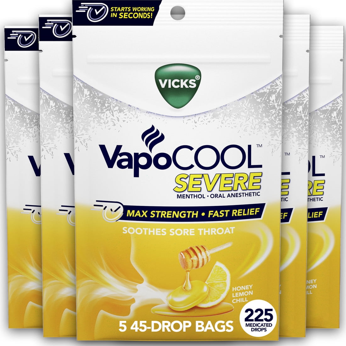 Vicks VapoCOOL SEVERE Medicated Sore Throat Drops, Soothing Honey Lemon Flavor, 225 Count