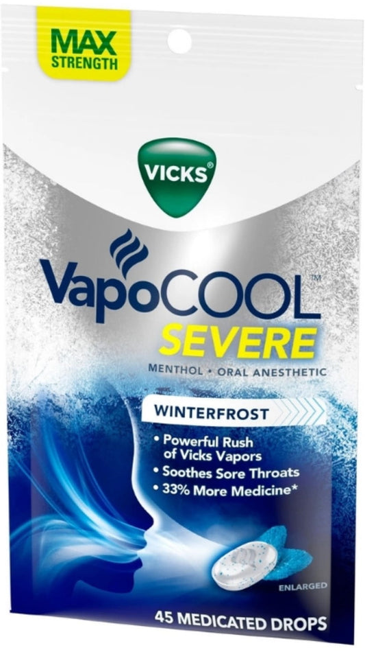 Vicks VapoCOOL Severe Medicated Throat Drops, Menthol, 45 ea (Pack of 6)