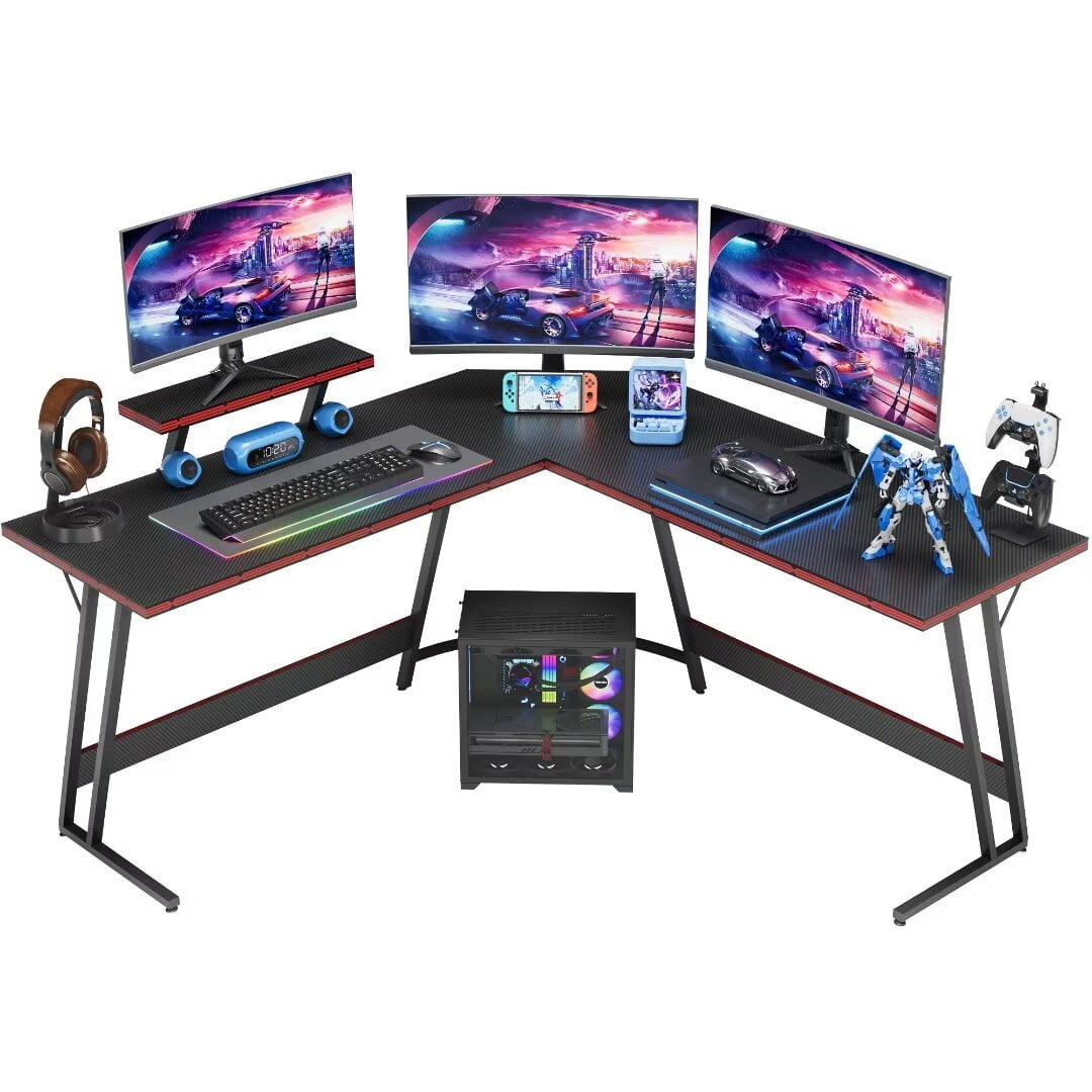 Vineego 51-Inch L-Shaped Gaming Desk with Carbon Fiber Corner Computer Desk with Monitor Stand,Black