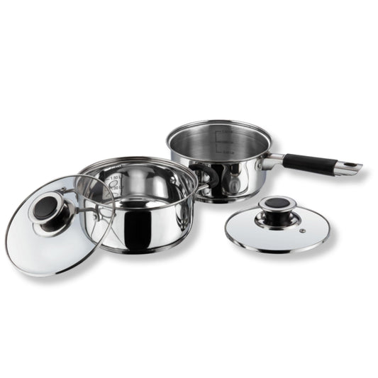 Vinod Stainless Steel Induction And Gas Stove Friendly Master Chef Cookware Set- 2 Pieces, Saucepan (16 Cm/1.5 Litre), Casserole (18 Cm /2.1 Litre) With Glass Lids