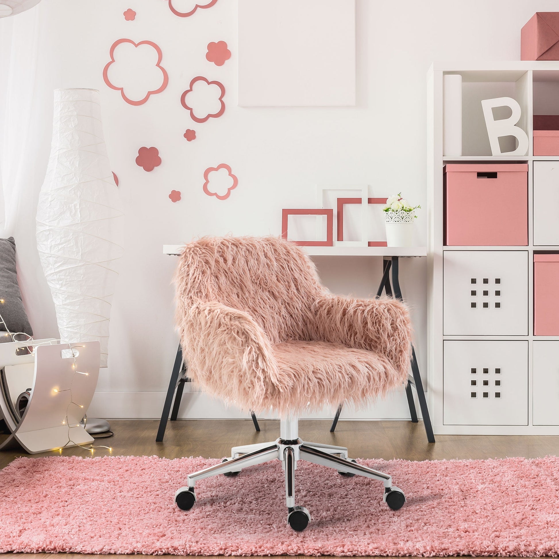 Vinsetto Faux Fur Desk Chair, Swivel Vanity Chair with Adjustable Height and Wheels for Office, Bedroom, Pink