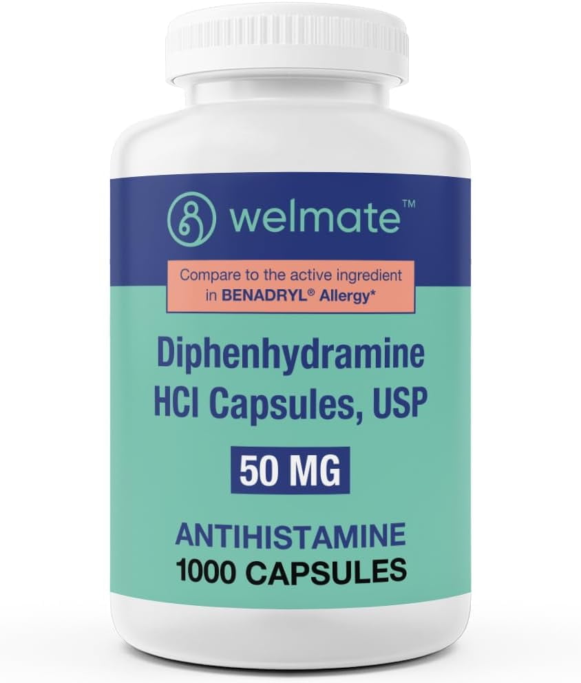 WELMATE Allergy Medicine - Antihistamine 50mg | Non-Drowsy 24H | Diphenhydramine HCI Capsules 1000 ct