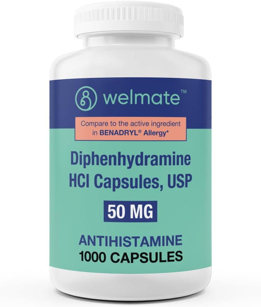 WELMATE Allergy Medicine - Antihistamine 50mg | Non-Drowsy 24H | Diphenhydramine HCI Capsules 1000 ct