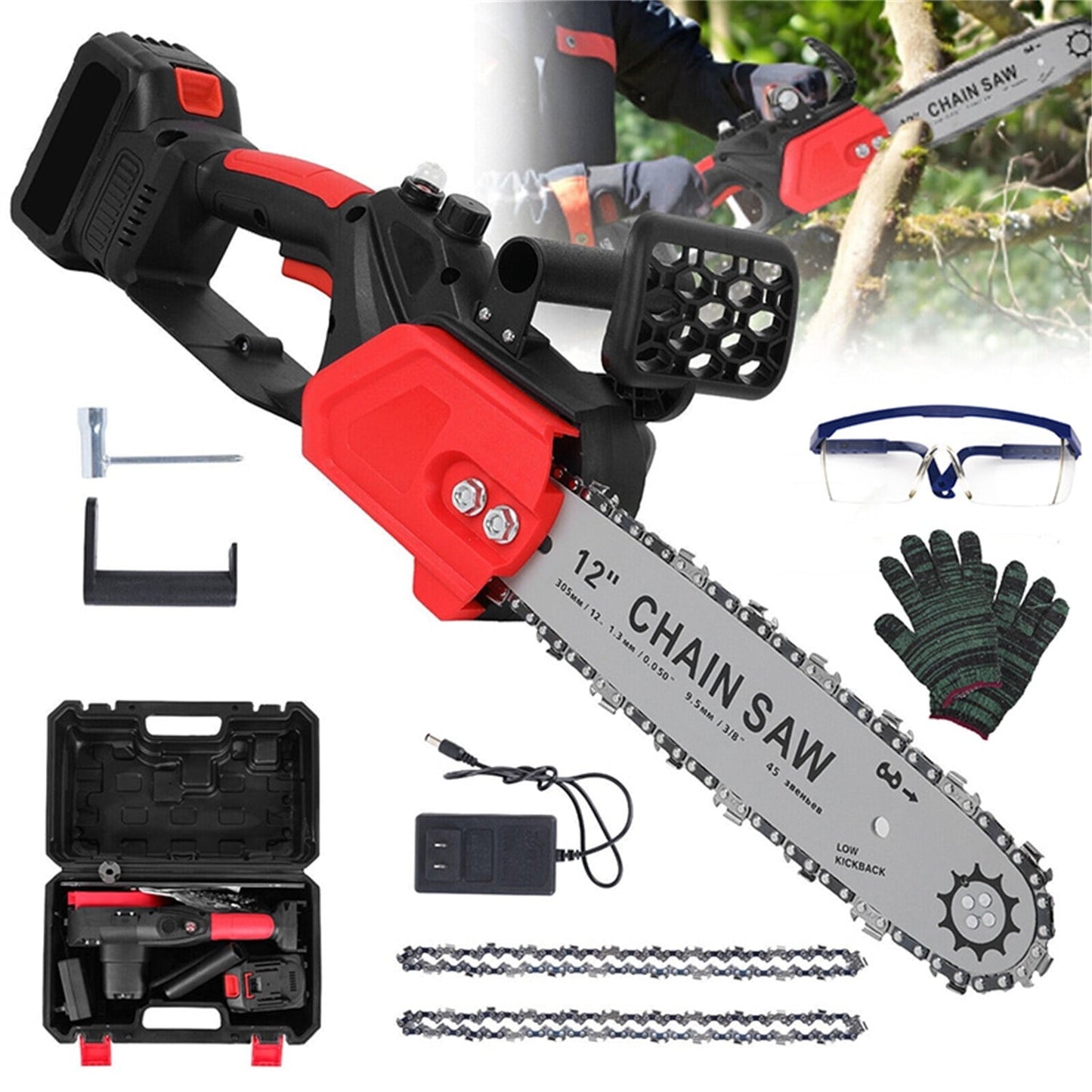 WUKETIN 12" Cordless Chainsaw, Handheld Chain Saw 12-inch with 2*3.0Ah Battery, Tool Box and Charger for Trees Wood Cutting