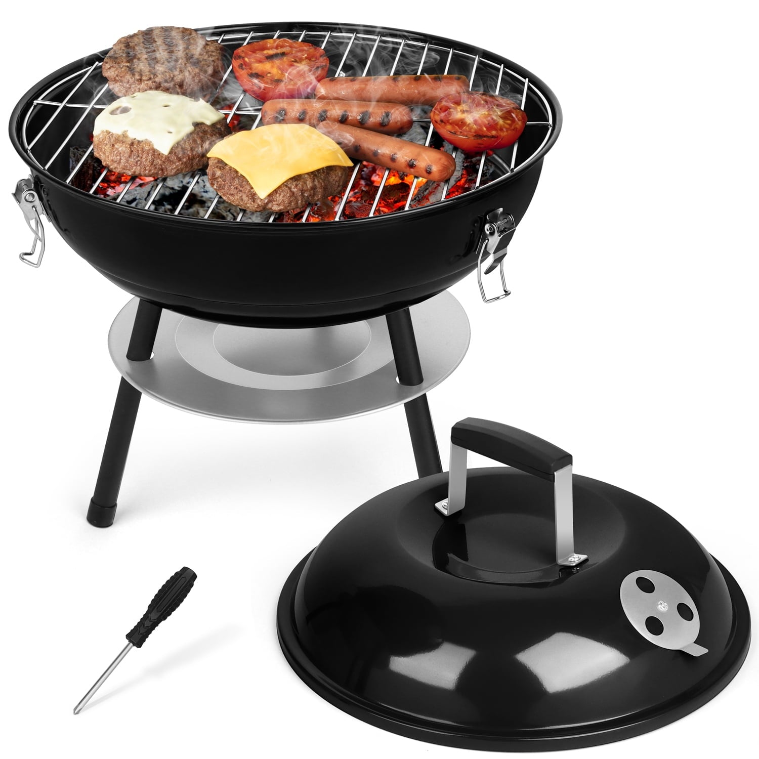 Walchoice 14 inch Portable Charcoal Grill with Black Lid, Small BBQ Grill for Outdoor Cooking/ Backyard Barbecue Party/ Camping, Dual Ventilation System, Plus a Screwdriver