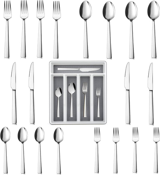 Walchoice 20 Pieces Silverware Set with Drawer Organizer, Stainless Steel Flatware Cutlery Service for 4, Metal Tableware with Square Handle for Home