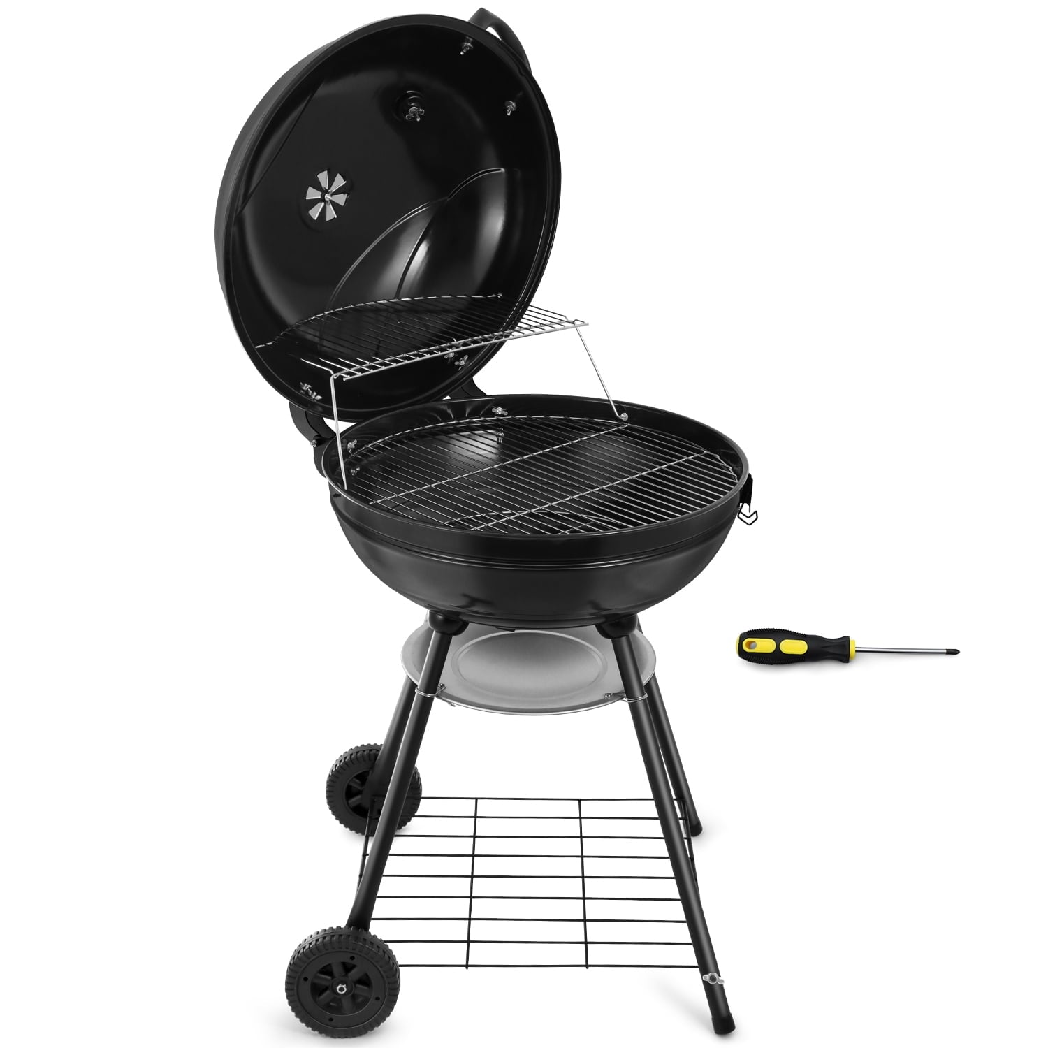 Walchoice 22 inch Charcoal Grill with Wheels & Thermometer, 2 Layer Grilling Racks Heavy Duty Barbecue Grill for Backyard Camping BBQ Cooking, Black Enamel Lid & Bowl