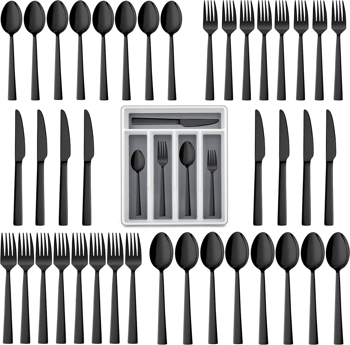 Walchoice 40-Piece Black Silverware Set with Drawer Organizer, Stainless Steel Flatware Cutlery Set for Home Restaurant, Elegant Eating Utensils Tableware Plus Plastic Tray