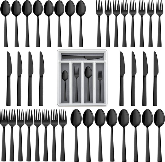 Walchoice 40-Piece Black Silverware Set with Drawer Organizer, Stainless Steel Flatware Cutlery Set for Home Restaurant, Elegant Eating Utensils Tableware Plus Plastic Tray