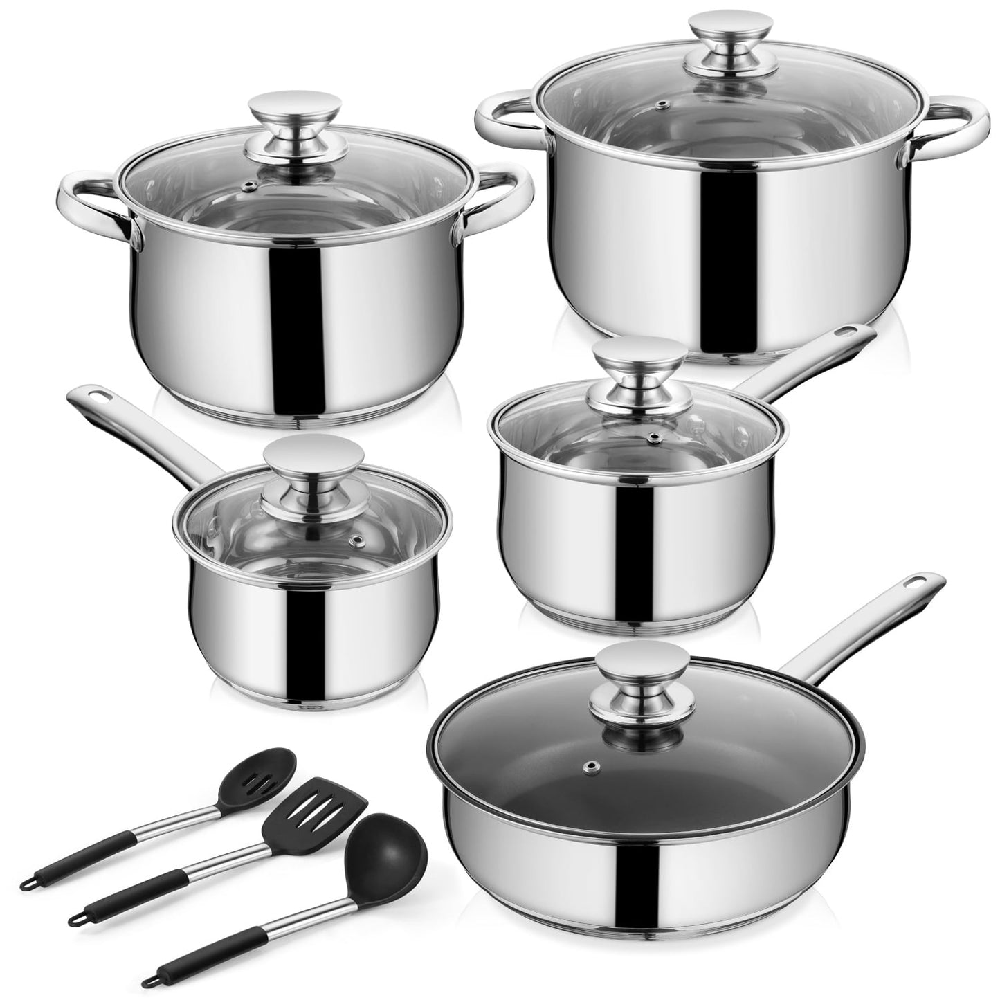 Walchoice 13-Piece Stainless Steel Cookware Set, Kitchen Pots and Pans Set with Glass Lid for Cooking, Induction & Dishwasher Safe, Silver