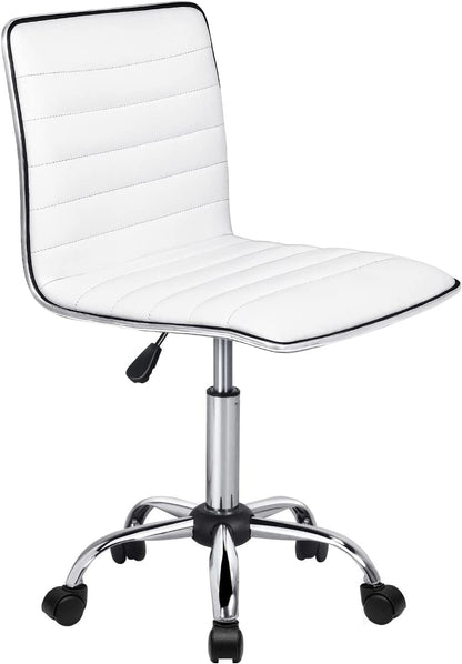 Waleaf Home Office Chair, Adjustable Task Chair, Armless Black Rolling Chair Low White Ribbed Modern Leather Swivel Desk Chair with Wheels,250Lbs Capacity for Make Up, Vanity Room