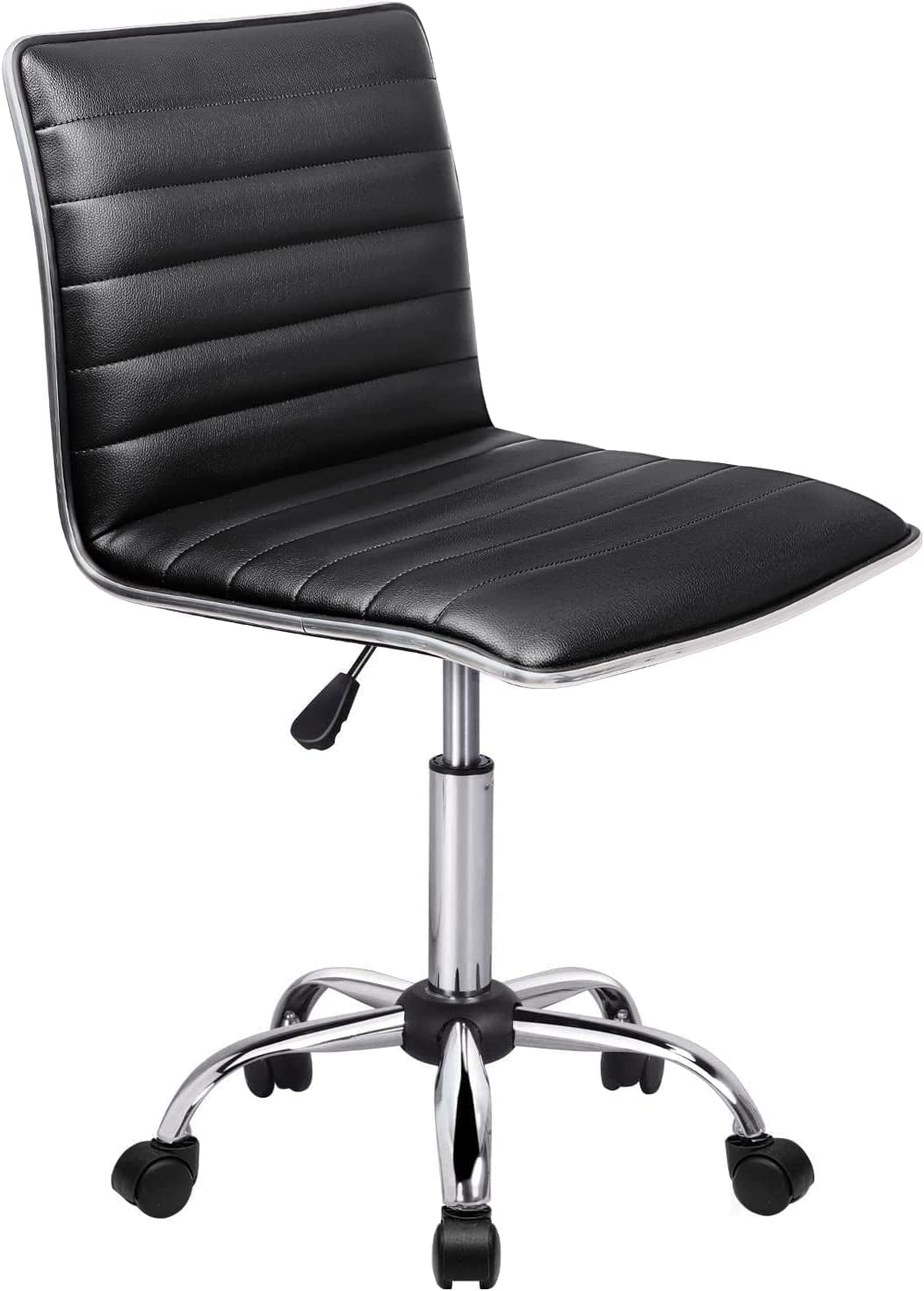 Waleaf Home Office Chair, Adjustable Task Chair, Armless Black Rolling Chair Low White Ribbed Modern Leather Swivel Desk Chair with Wheels,250Lbs Capacity for Make Up, Vanity Room