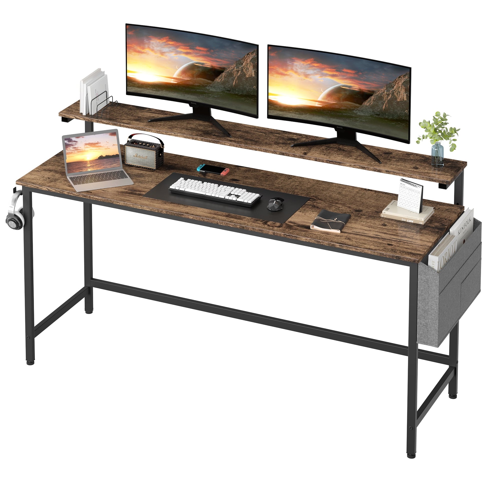 Walsunny 63 inch Gaming Desk ， Home Office Computer Desk with Monitor Stand Design Writing Desk with Storage Bag & Hook, Study Workstation Table Rustic Brown