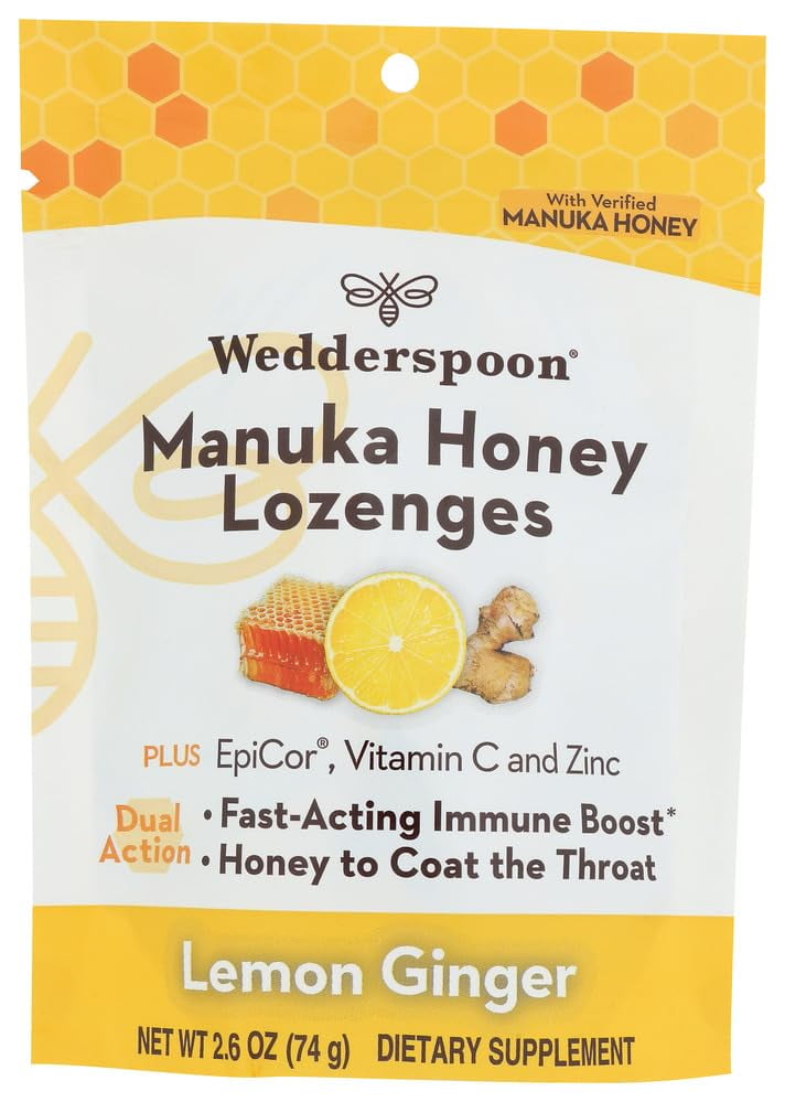 Wedderspoon Lemon Ginger Cough Drops, Manuka Honey Lozenges with Dual Action, Fast-Acting Immune Boost & Honey to Coate The Throat, with Vitamin C & Zinc, 2.6 Ounce (Pack of 6)