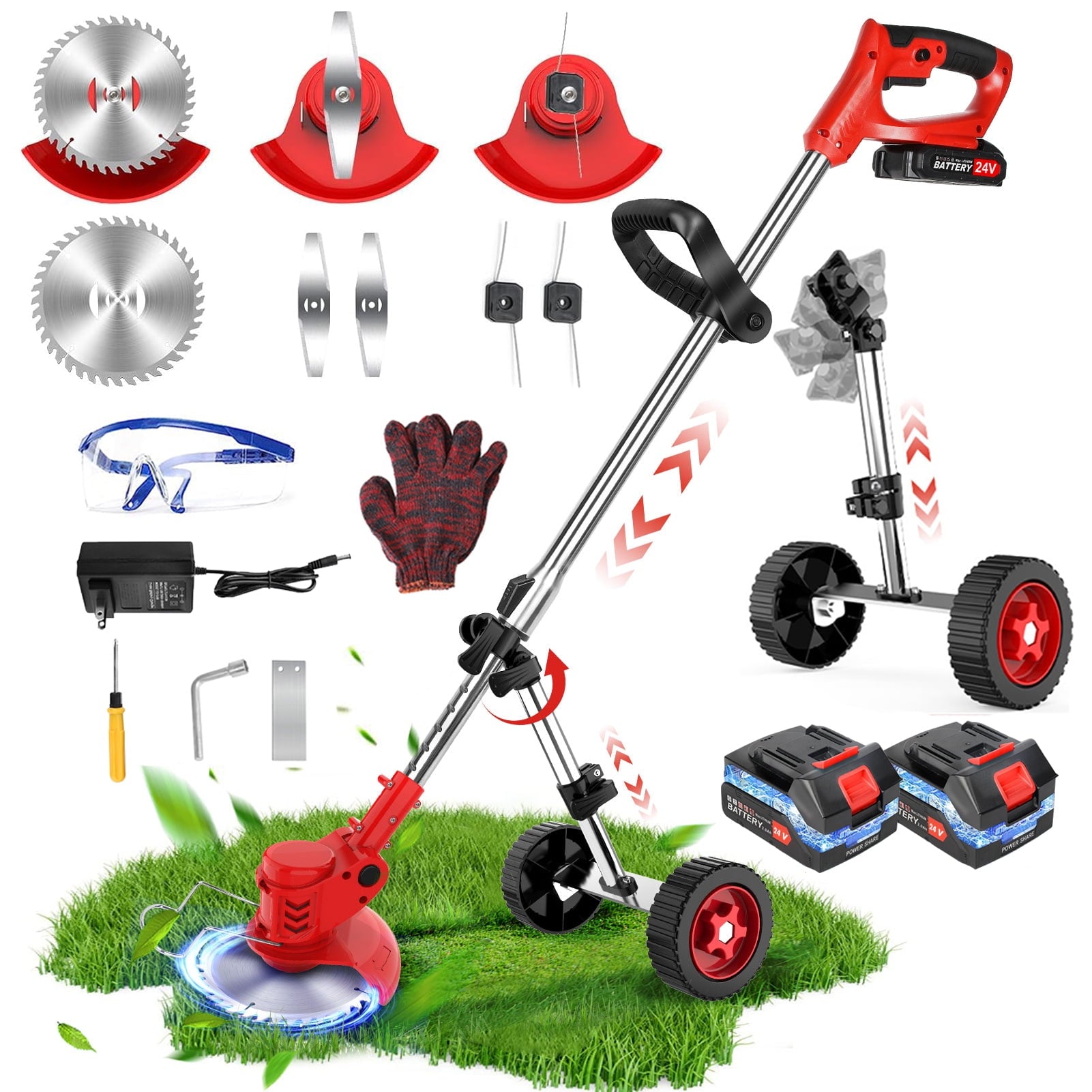 Weed Eaters Cordless with 2024 Upgraded Metal Wheels, Tanbaby 3-IN-1 Battery Powered Grass Trimmer & String Trimmer/Edger Kit for Lawn Garden Pruning/Trimming