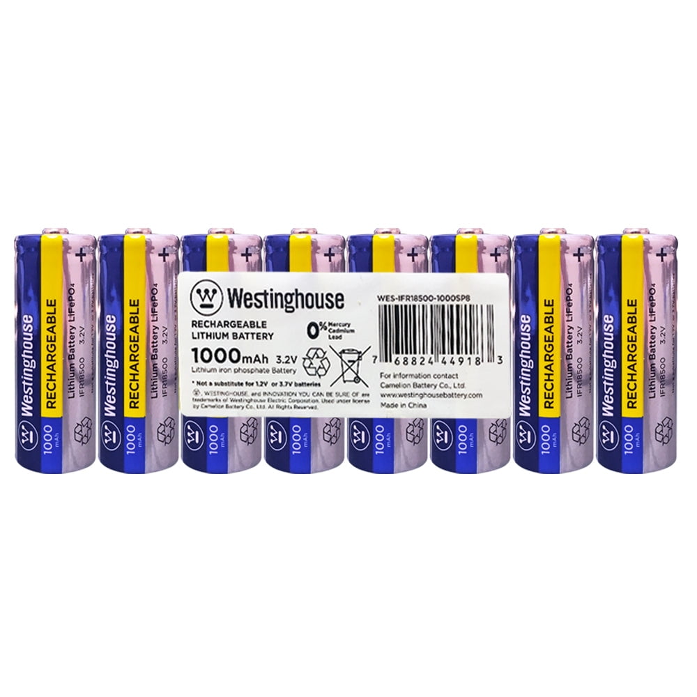 Westinghouse Life-PO4 18500 3.2v 1000mah Solar Rechargeable Shrink Pack of 8