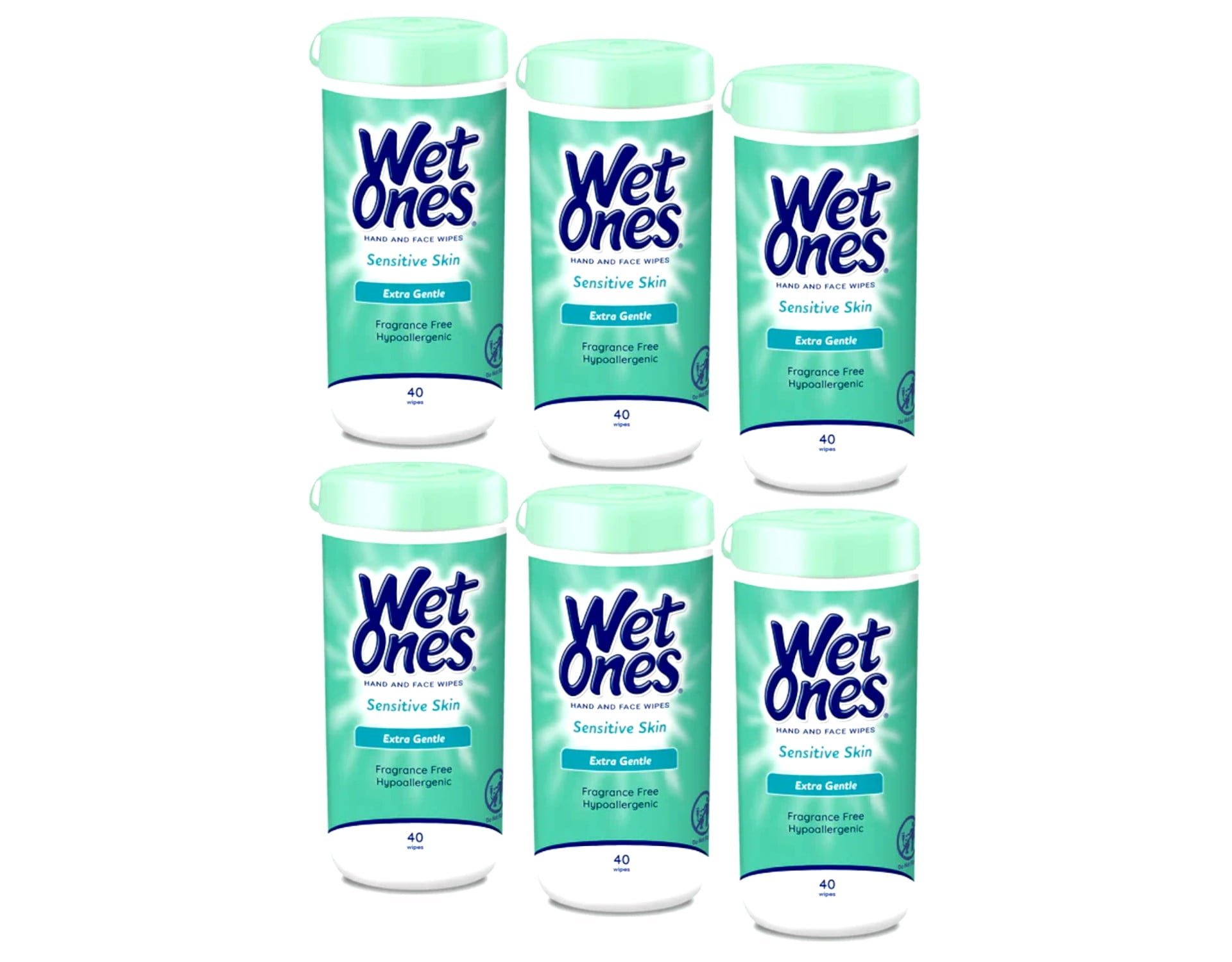 Wet Ones Sensitive Hand and Face Wipes, Sensitive Skin, Fragrance Free, 40 Count Canister (Pack of 6)