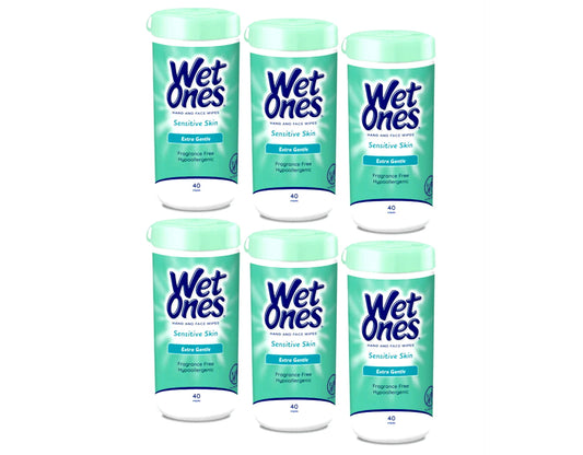 Wet Ones Sensitive Hand and Face Wipes, Sensitive Skin, Fragrance Free, 40 Count Canister (Pack of 6)