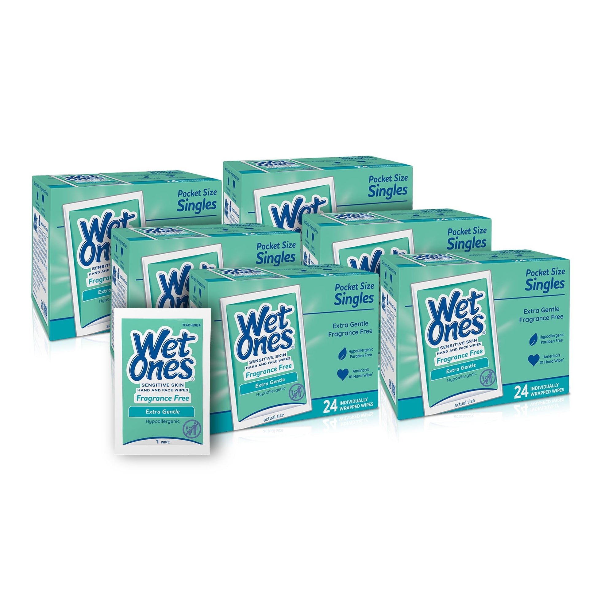 Wet Ones Sensitive Skin Hand Wipes, Fragrance Free/Unscented, 24 Ct Singles 6 Pack, 144 Total Wipes