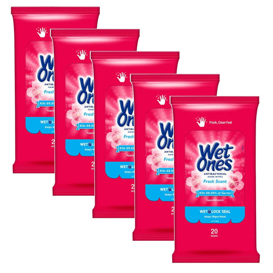 Wet Ones Wipes for Hands & Face, 20 Count Travel Pack (Pack of 5) 100 Wipes Total (Anti Bacterial)