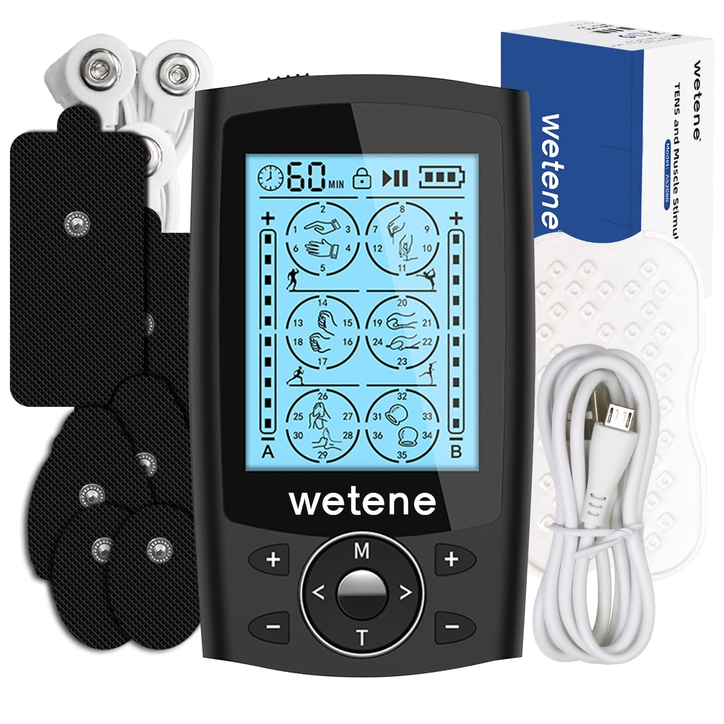 Wetene TENS Unit Rechargeable Muscle Stimulator EMS Dual Channel with 10 Reusable Electrode Pads 36 Modes for Back Neck Pain Muscle Therapy Pain Management Pulse Massager,Black