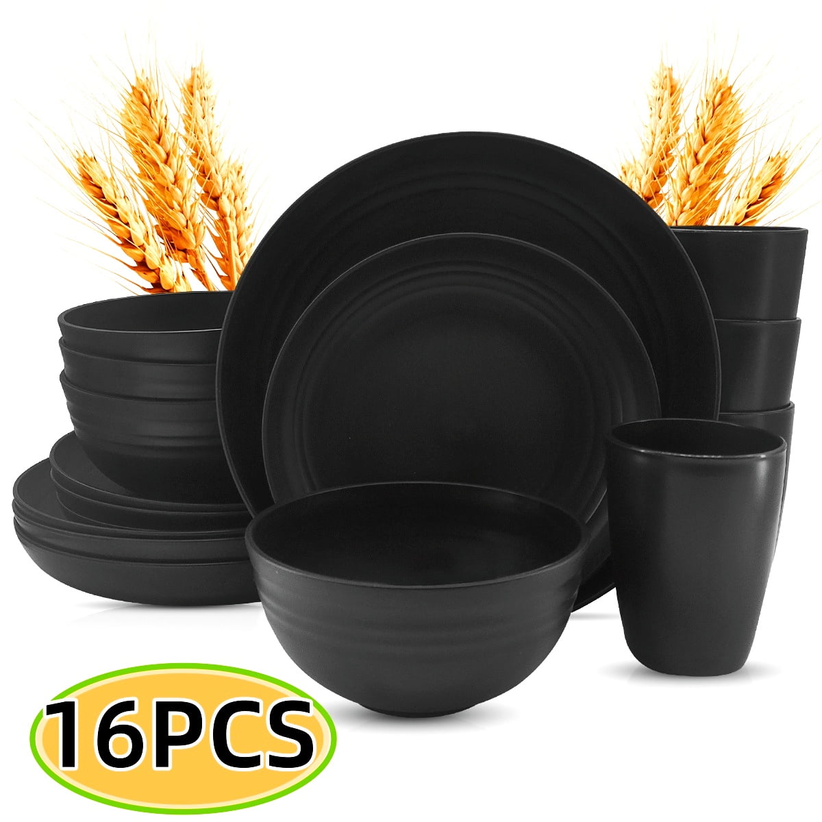 Wheat Straw Dinnerware Set Kitchen Wheat Straw Plates and Bowls Sets Unbreakable Reusable Dinnerware Dish Sets for 4 Black 16Pcs