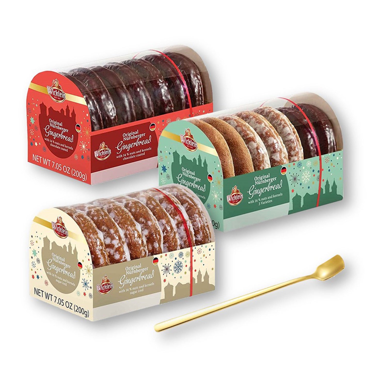 Wicklein Trio Pack Nurnberger Gingerbread Lebkuchens : Glazed, Chocolate, and 3 Varieties 7.05 Oz./200 g. Each X 3 with Gold Stainless Steel Stirring Spoon (4-Pc Set)