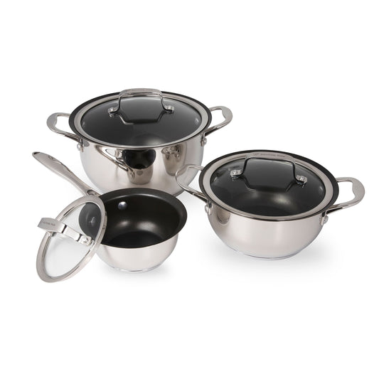 Wolfgang Puck 6-Piece Stainless Steel Pots and Pan Set; Scratch-Resistant Non-Stick Cookware, Clear Tempered-Glass Lids,