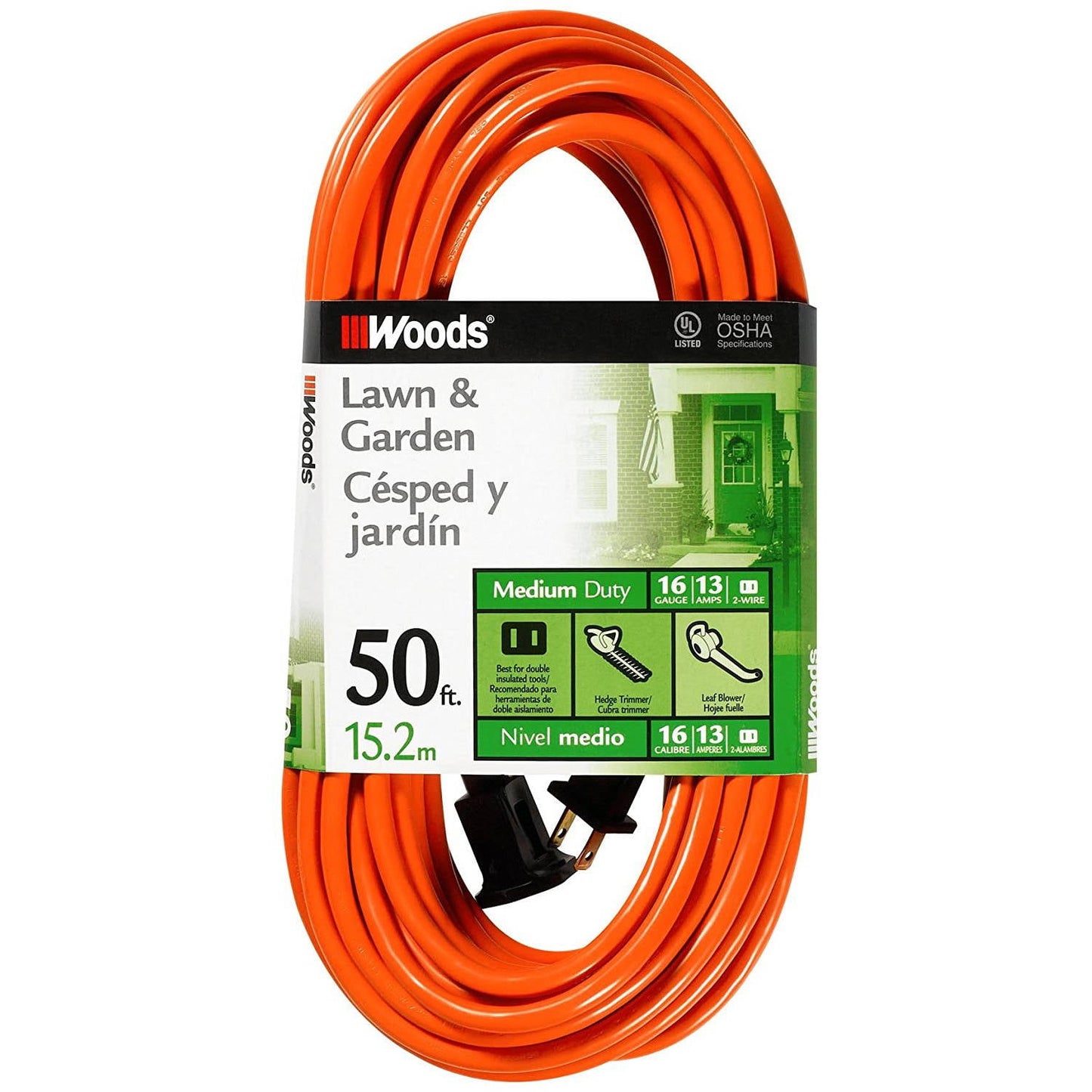 Woods 0723 16/2 SJTW General Purpose Extension Cord, Medium Duty, Ideal for Landscaping and Powering Appliances, Water Resistant Flexible Vinyl Jacket, Durable Molded Plug, 50 Foot, Orange