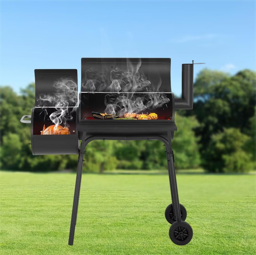 XF XINFENG 43 inch Charcoal Outdoor BBQ Grill Portable Offset Smoker with Wheels Side for Cooking Backyard Camping Picnics,Black