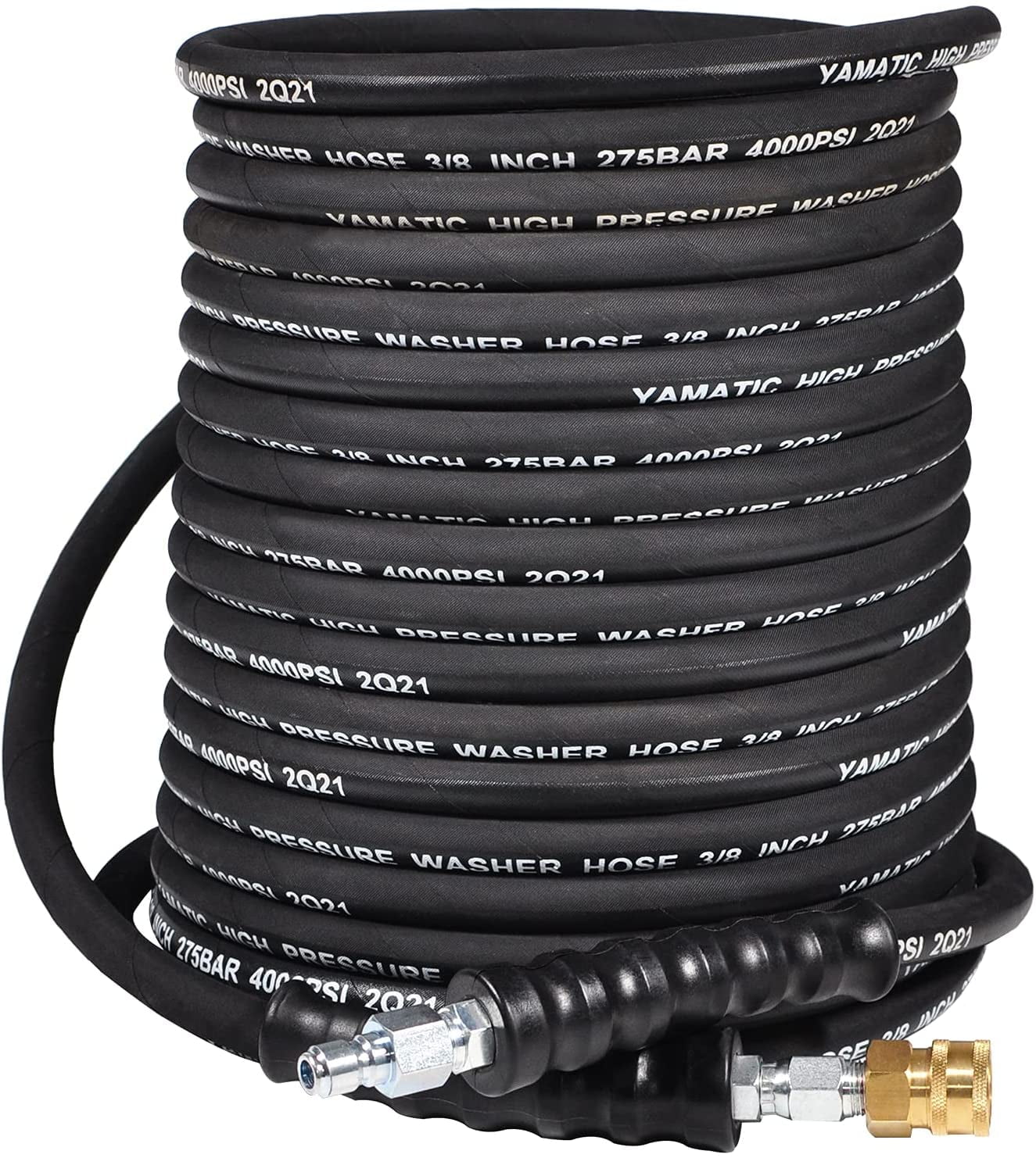 YAMATIC 3/8" Pressure Washer Hose 50 FT with Swivel Quick Connect For Cold & Hot Water Max 250°F, 4000 PSI Commercial Grade Steel Wire Braided & Synthetic Rubber Jacket, Kink-Free